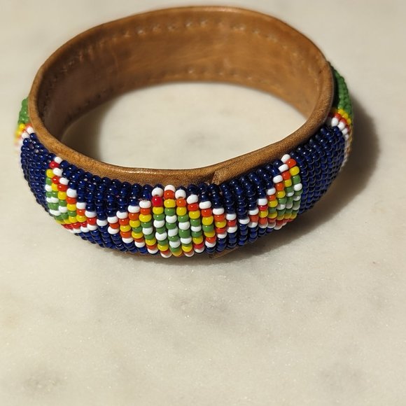 Handmade Beaded African Leather Cuff Bracelet - Picture 3 of 6